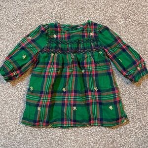 Baby Boden Green Plaid Smocked Dress with Gold Star Embroidery